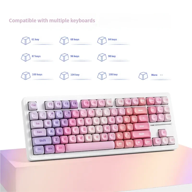 Gallery of vibrant Rainbow Keycaps, MOA profile PBT dye-sub, showcasing joyful neon hues from different angles for mechanical keyboards.