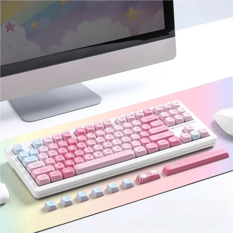 Vibrant Rainbow Keycaps Set in MOA profile PBT dye-sub, displayed from multiple dynamic angles, emphasizing the joyful spectrum of neon colors.