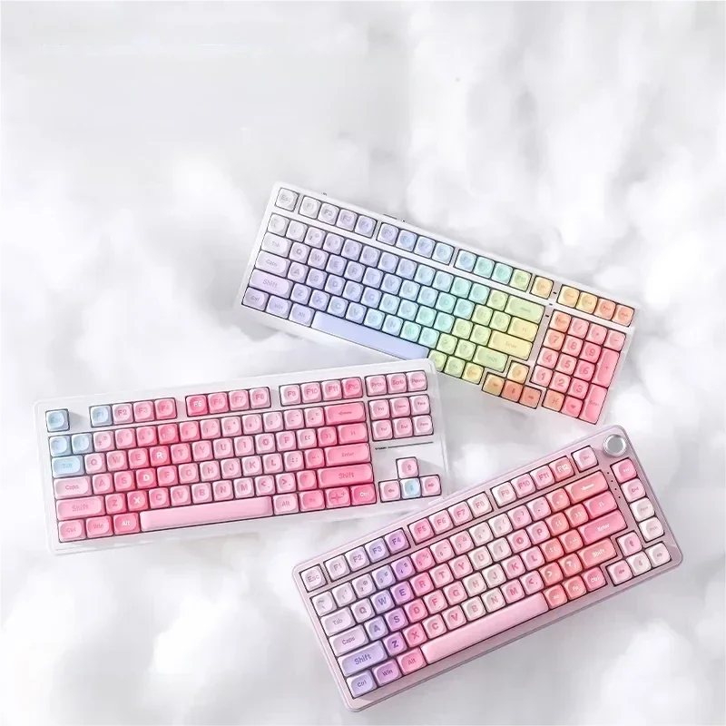 Vibrant rainbow keycaps set, showcasing MOA profile and PBT dye-sub colors, with a dynamic spectrum of neon hues for mechanical keyboards.