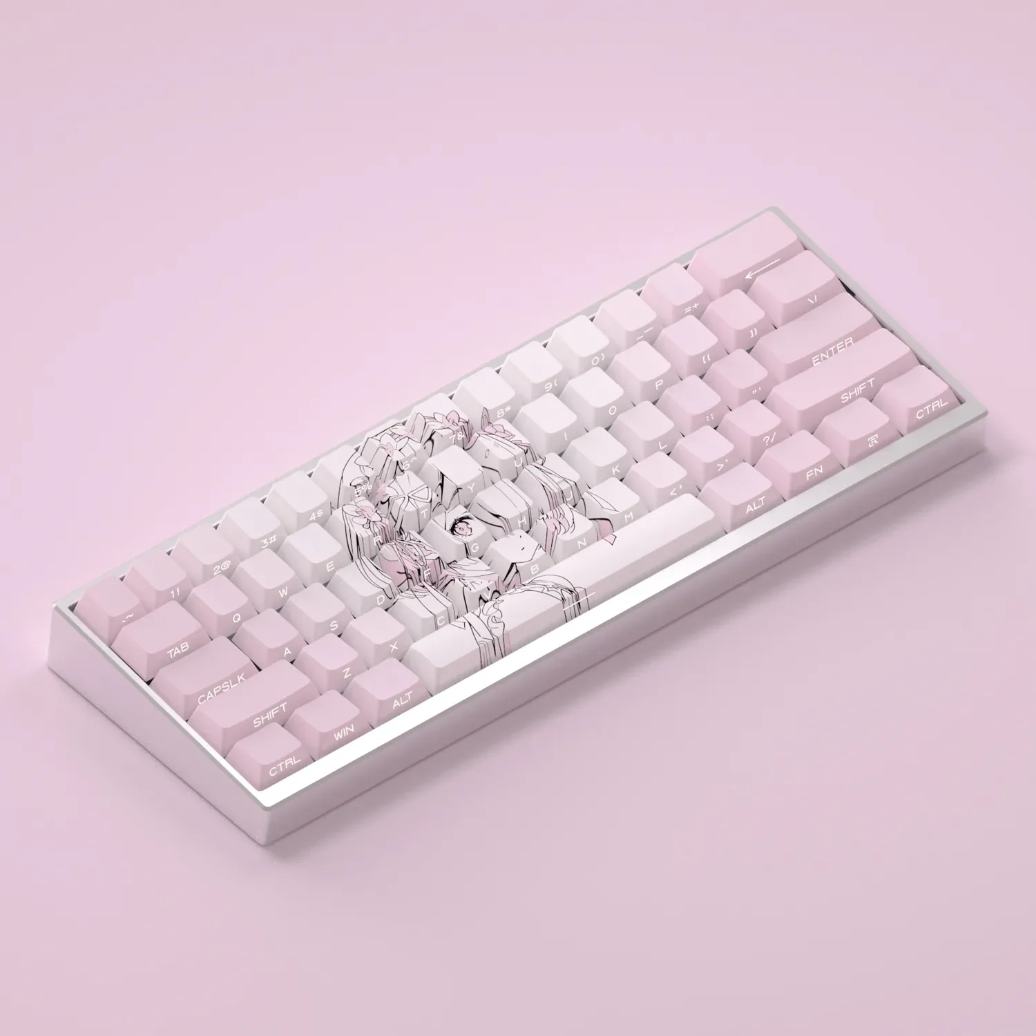 Vibrant gallery of Re:Zero Ram keycaps set, showcasing playful side-printed designs and backlit glow from various angles, unleashing Rams iconic spirit.