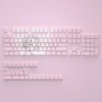 Playful Re:Zero Ram keycaps set, vibrant pink-dominant with crisp side-printed legends, capturing the iconic anime spirit for backlit keyboards.
