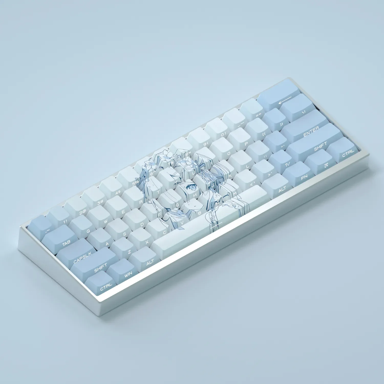 Gallery displays exclusive Re:Zero Rem keycap set, showcasing vibrant anime art and luminous side-engraved backlit legends from various angles.