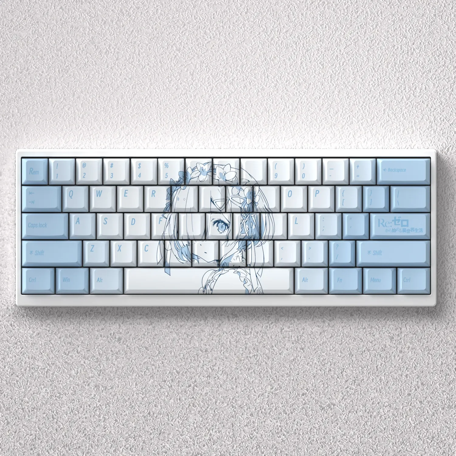 Vibrant Rem keycaps anime theme set, featuring iconic Re:Zero character art and crisp legends. An exclusive Cherry profile keycap set for fans.