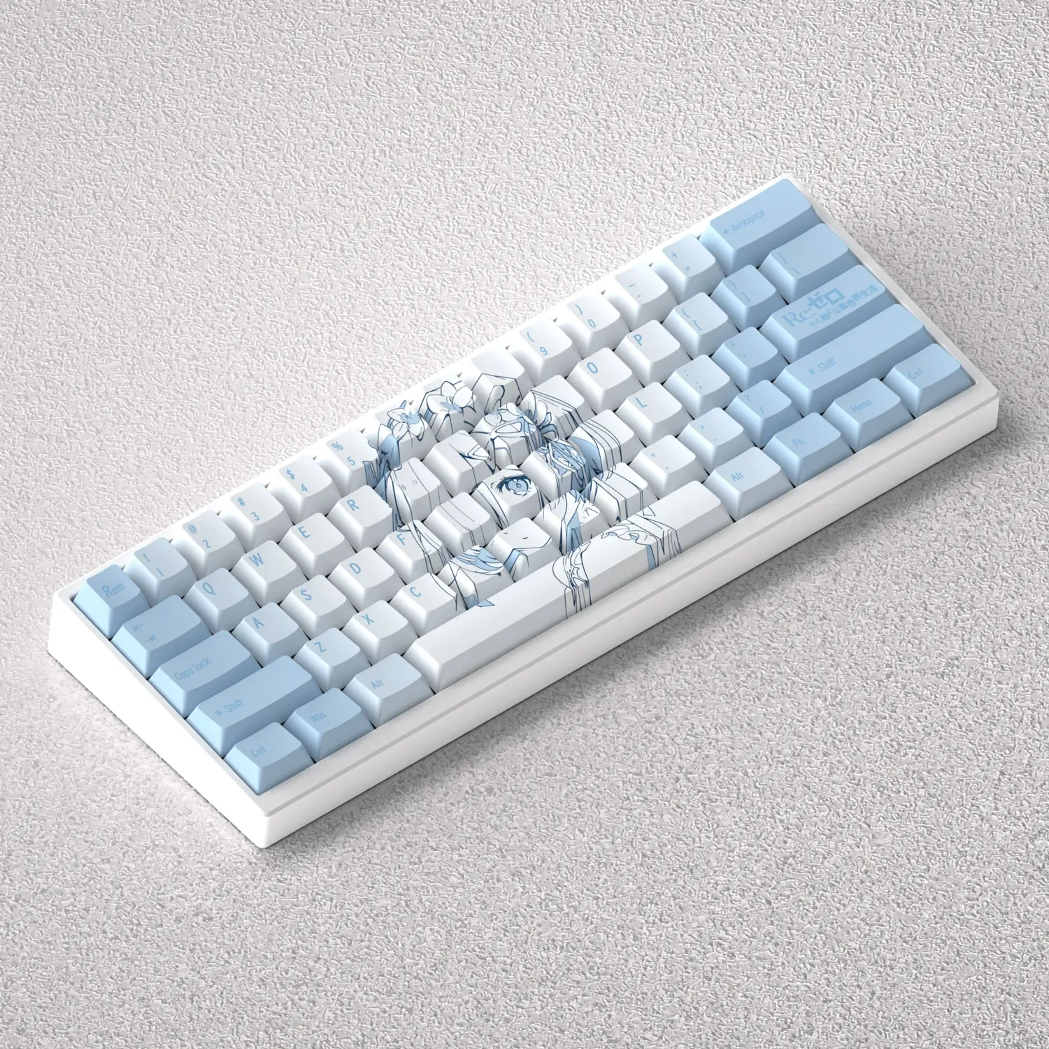 Vibrant Rem anime keycaps from the exclusive Re:Zero set, shown from various angles, highlighting crisp character art and Cherry profile for fans.