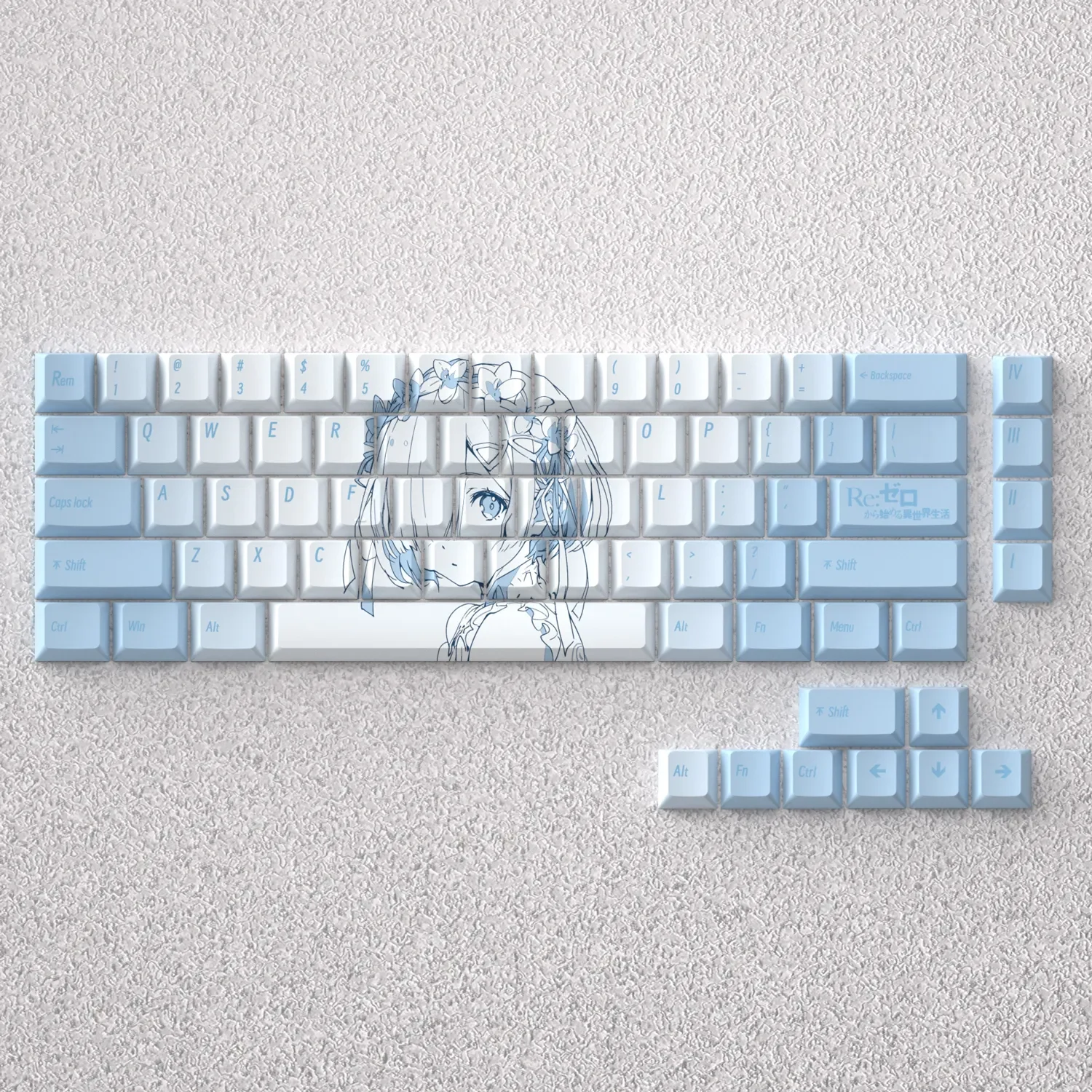 Vibrant Rem anime keycaps set in an exclusive Re:Zero theme, showcasing crisp character art and playful legends for your mechanical keyboard.