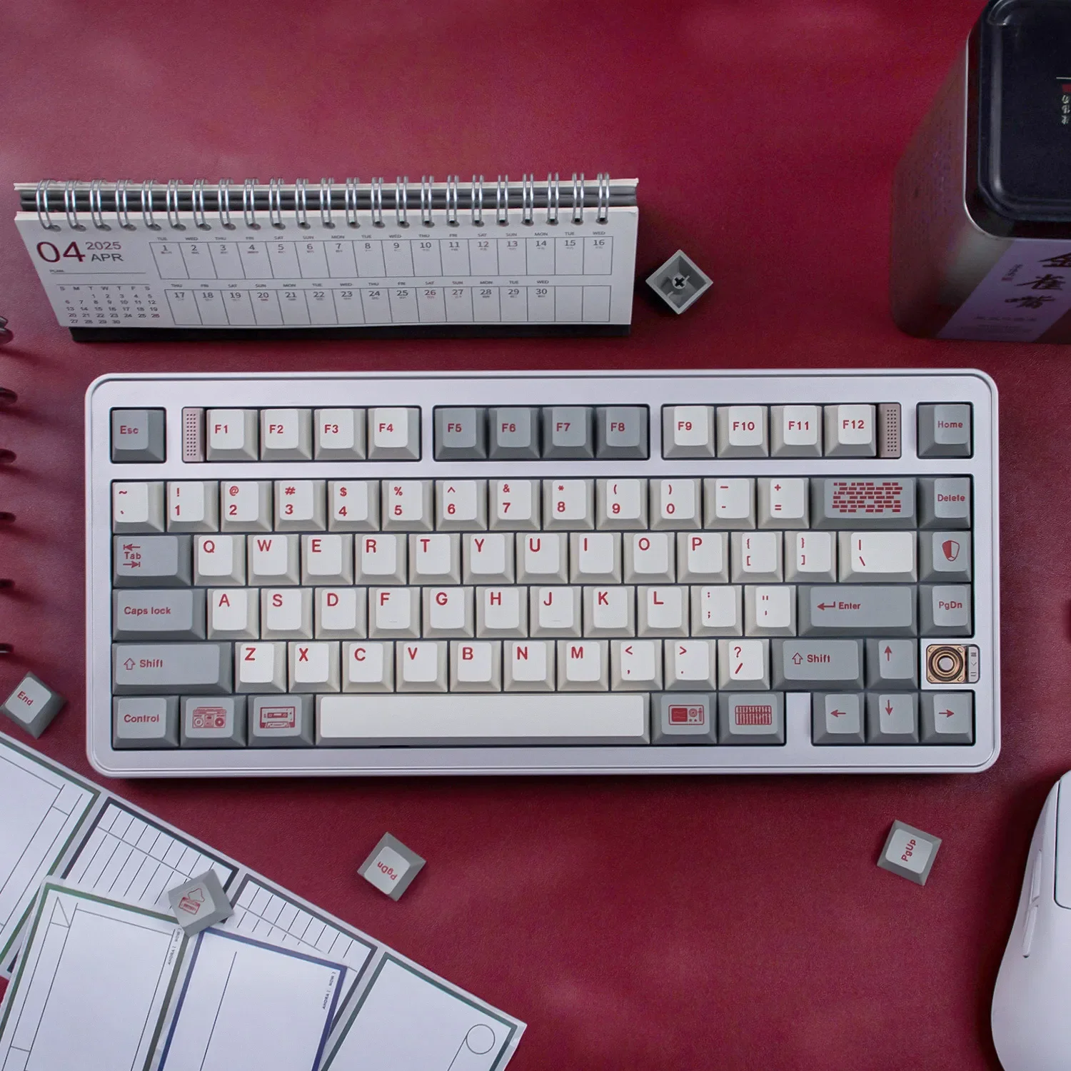 Retro Flooding Keycap Sets, a durable PBT dye-sublimated set, displayed with red and cool white legends on a custom mechanical keyboard.