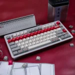 Retro Flooding Keycap Set gallery, highlighting the durable PBT dye-sublimated red and cool white design on a mechanical keyboard.