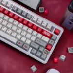 Retro Flooding Keycap Set in crisp red and cool white, displayed from multiple angles for a custom mechanical keyboard.