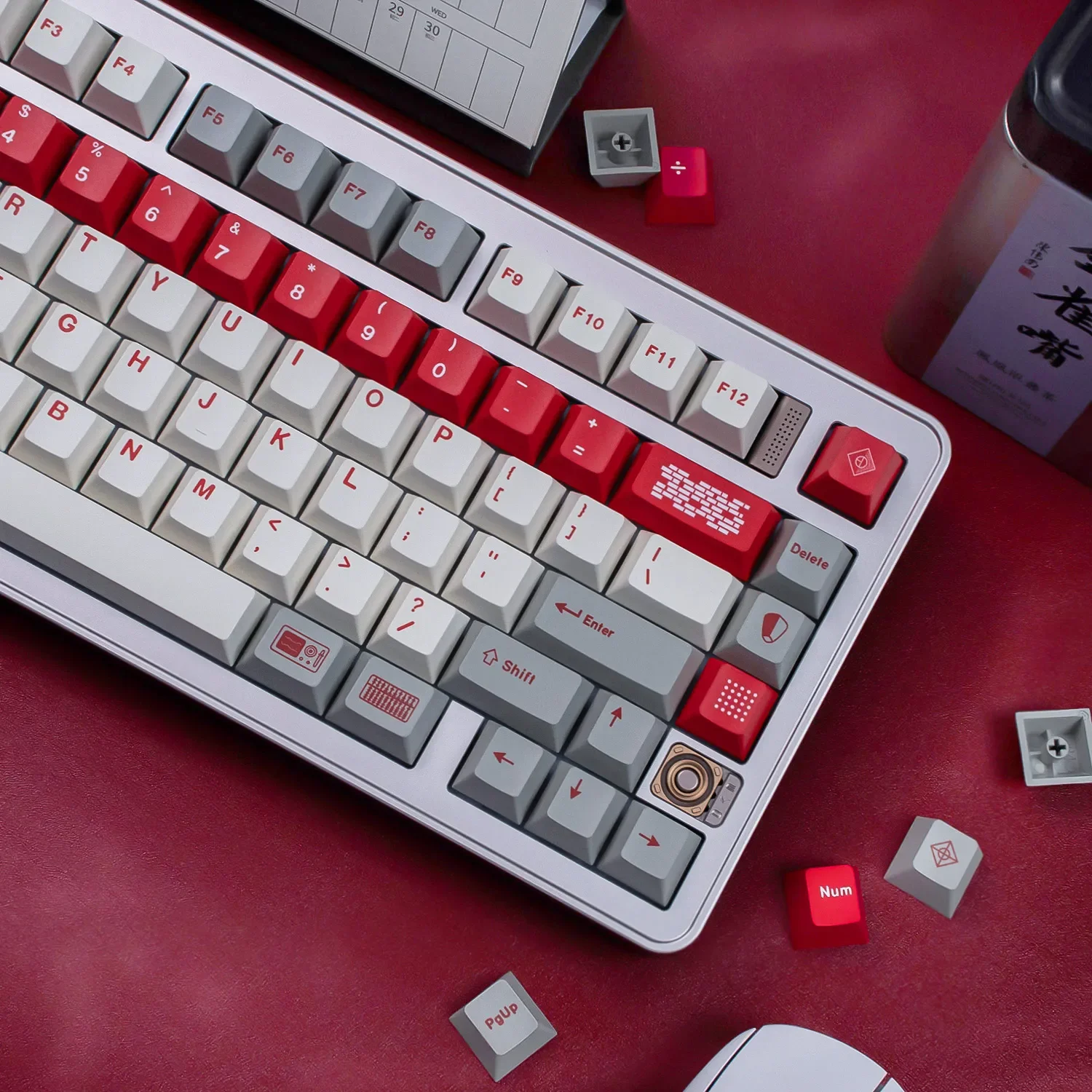 Retro Flooding Keycap Set in crisp red and cool white, displayed from multiple angles for a custom mechanical keyboard.