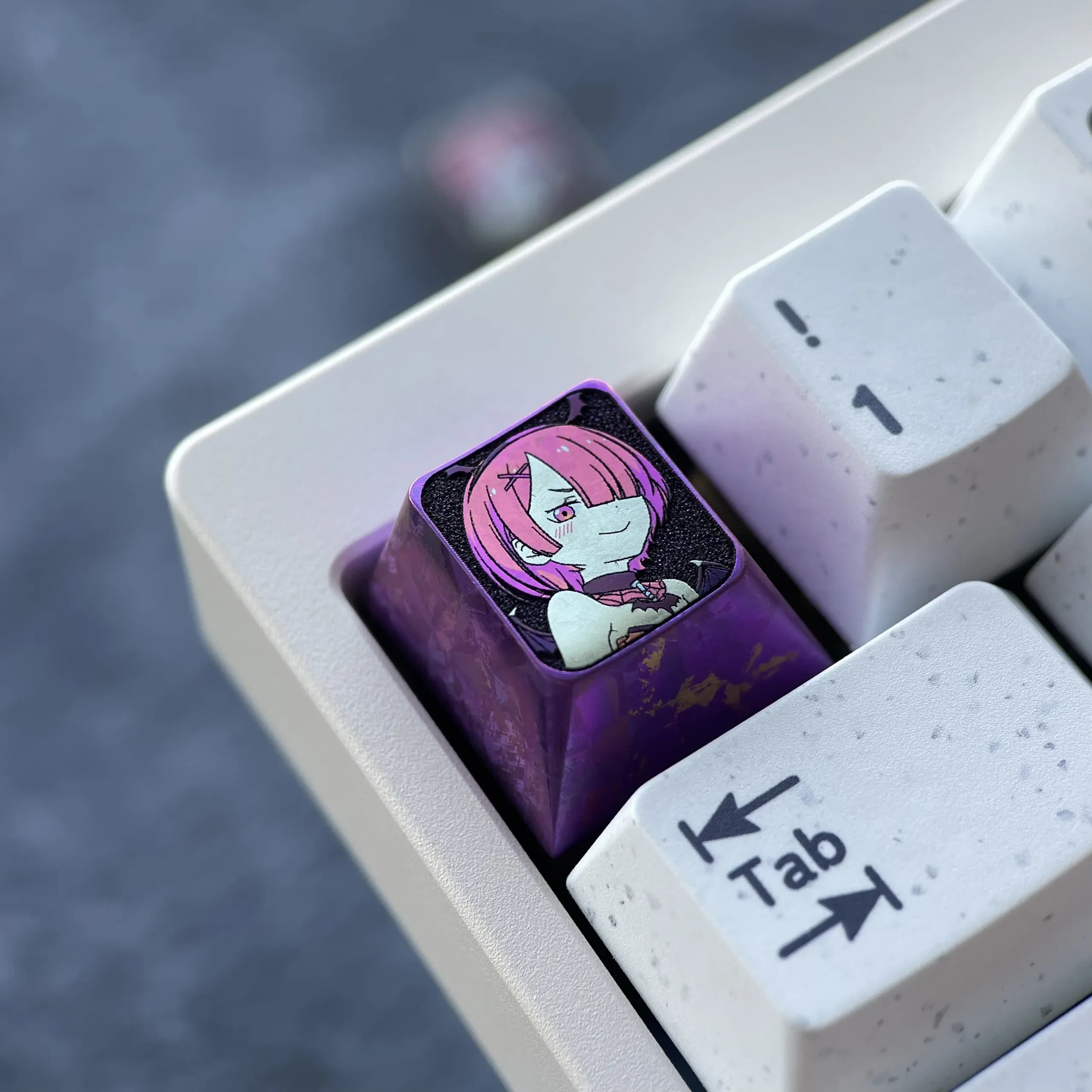 Ram Titanium Halloween Keycap: various angles highlighting its premium titanium alloy, mystical anodized purple finish, and intricate Halloween.