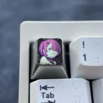 Premium Ram Titanium Halloween Keycap in anodized purple, showcasing a mystical anime character with intricate metal artistry.