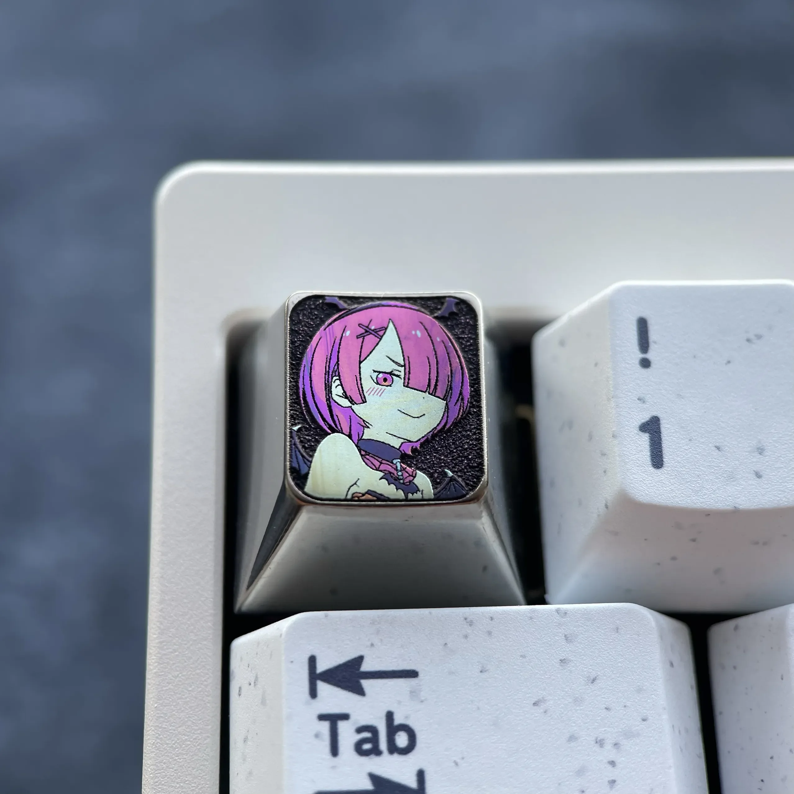 Premium Ram Titanium Halloween Keycap in anodized purple, showcasing a mystical anime character with intricate metal artistry.