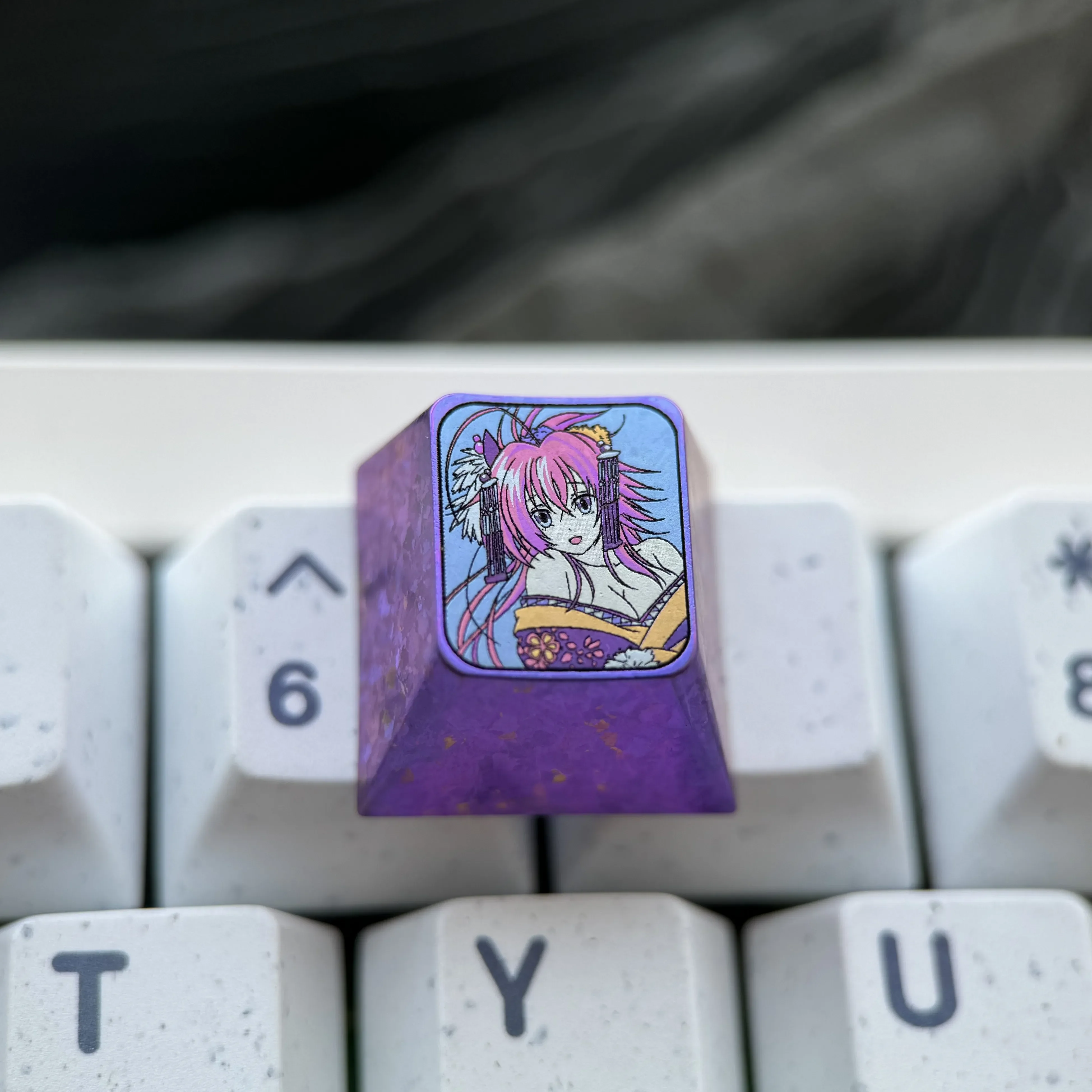 Exclusive Rias Gremory Titanium Artisan Keycap gallery: vibrant anime sculpt, purple ice crystal finish from multiple artistic angles.