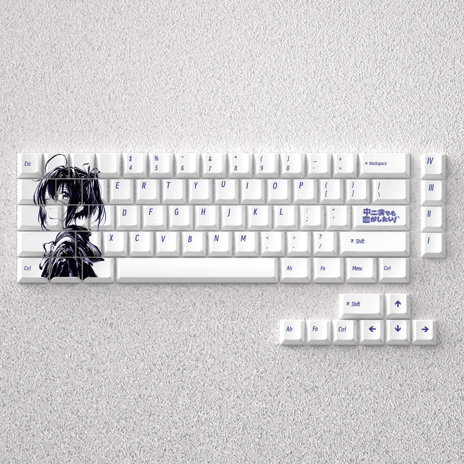 Exclusive Takanashi Rikka Keycap Set, showcasing vibrant anime art with playful purple and yellow accents on Cherry profile keycaps.