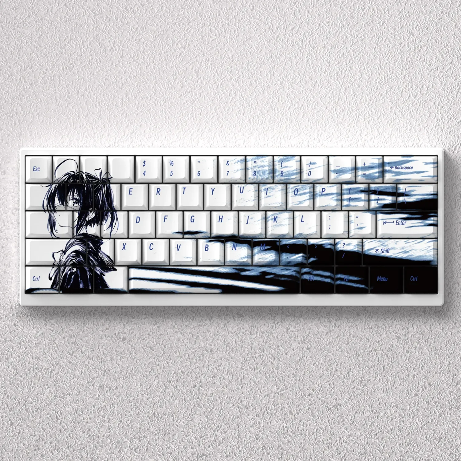 Exclusive Takanashi Rikka anime keycap set, vibrant with playful purple and yellow Cherry profile keys, celebrating Chunibyo spirit.