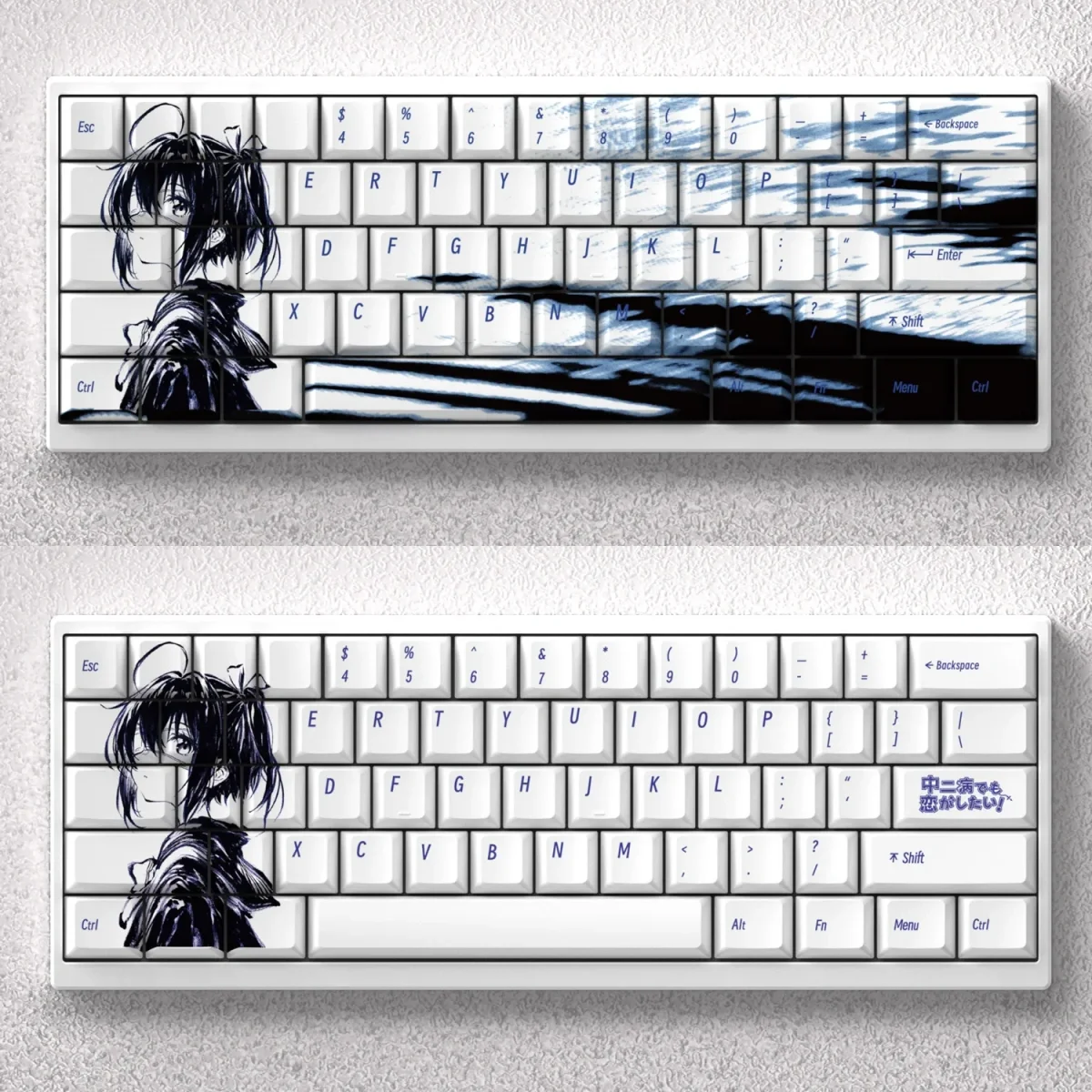 Exclusive Takanashi Rikka Anime Keycap Set main image, showcasing vibrant purple and yellow Cherry profile keycaps with iconic Chunibyo designs.