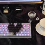 Gallery of the Ainbell Base68 Romantic Mechanical Keyboard, showcasing its sweet pink, heart-themed design and hot-swappable keys, an artistic gift.