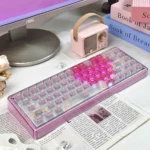 A romantic mechanical keyboard, soft pink with charming heart motifs. This artistic, hot-swappable keyboard is presented as a beautiful, thoughtful