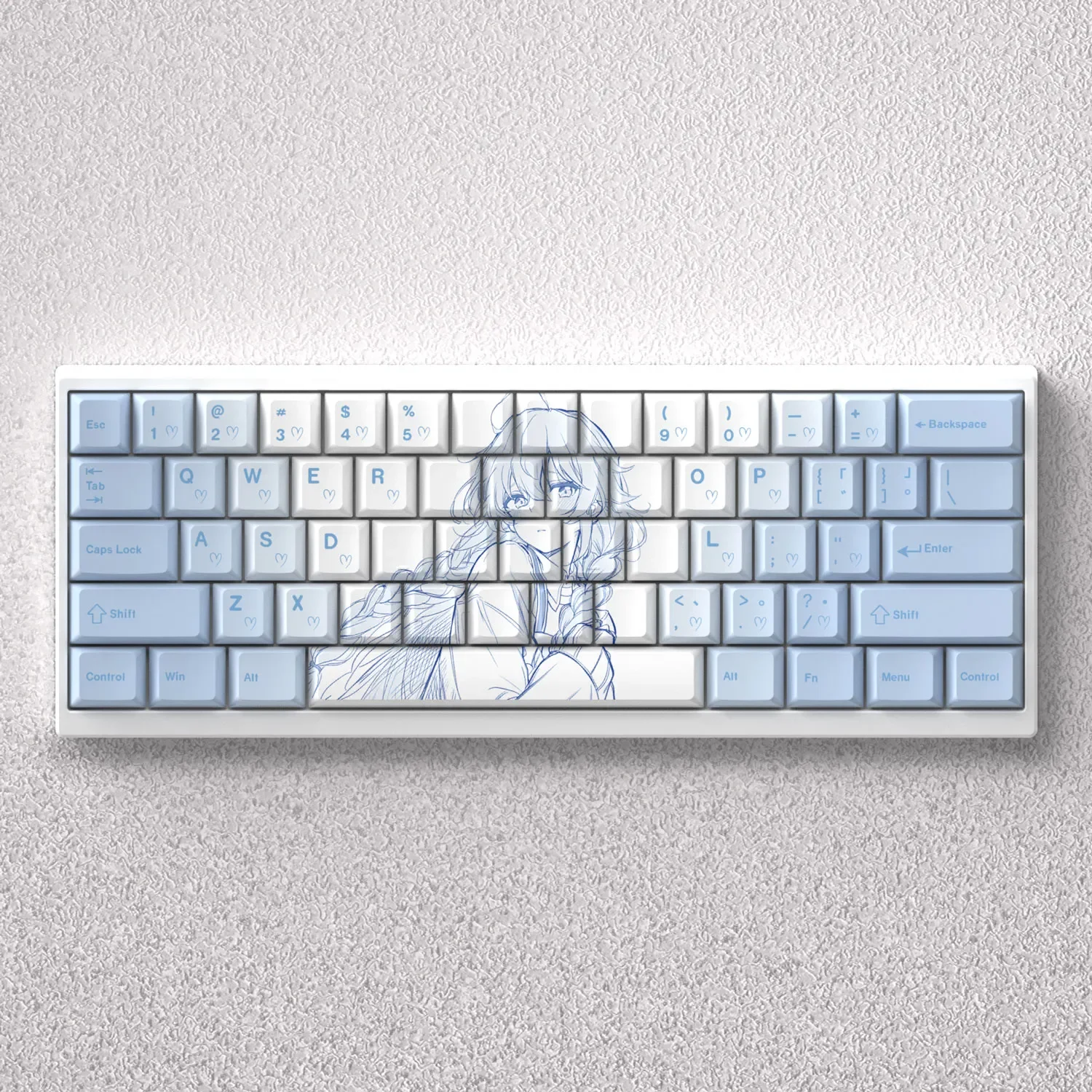 Vibrant main display of exclusive Roxy Mushoku Tensei PBT keycaps set, showcasing playful anime character art and themed colors for fans.