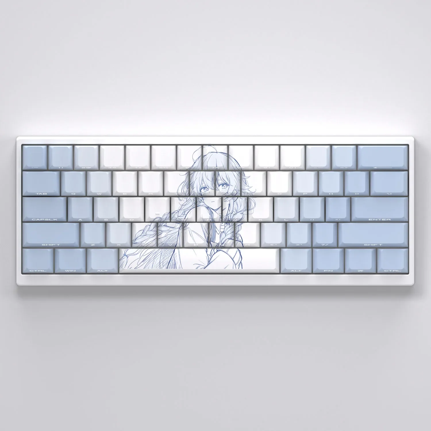Close-up views of the playful Roxy Mushoku Tensei PBT keycaps set, highlighting each vibrant, exclusive fan-crafted anime character.