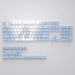 Vibrant Roxy Mushoku Tensei PBT keycaps set playfully displayed, highlighting exclusive fan-crafted anime art and themed colors.