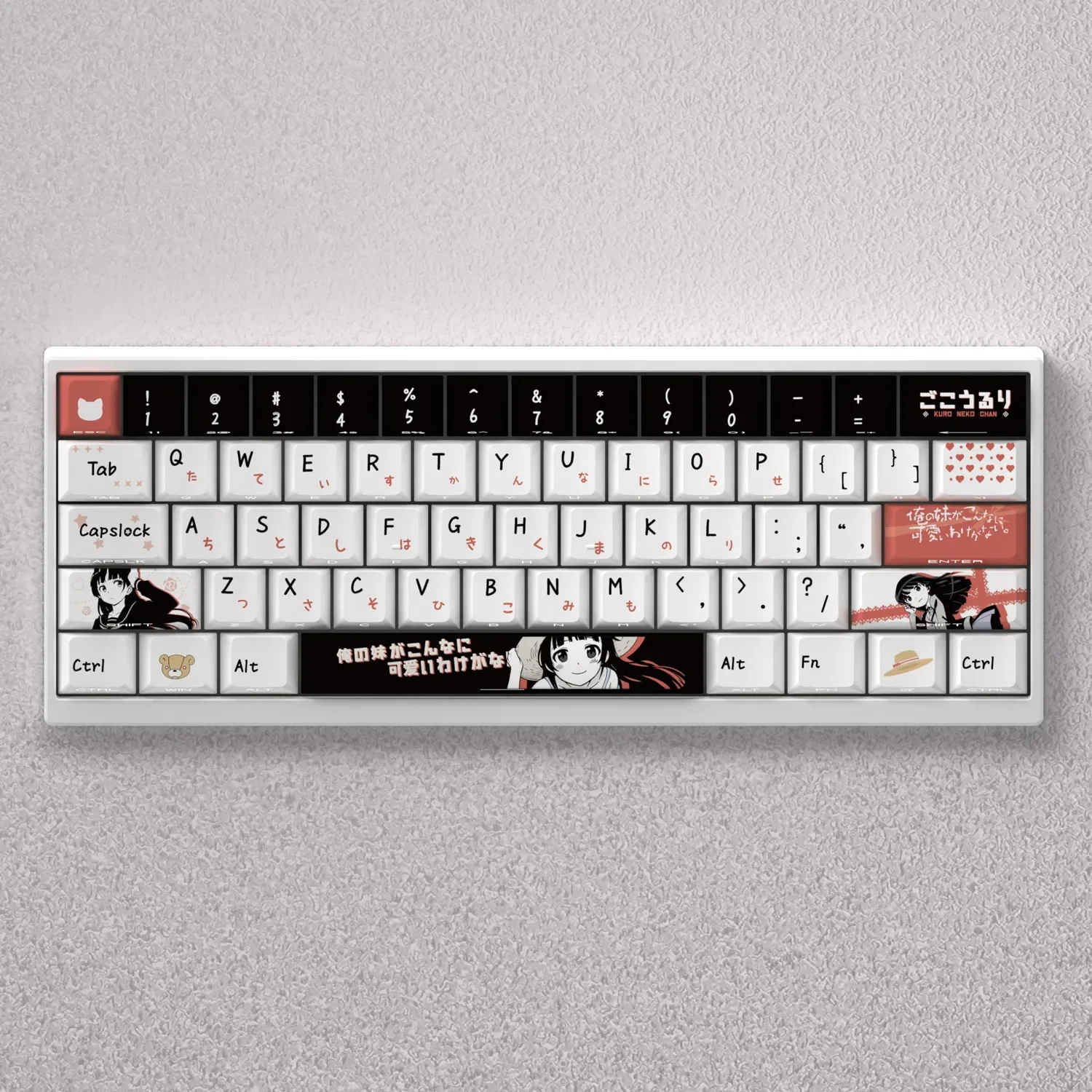 Gallery displaying the iconic Ruri Goko Keycap Set with vibrant black, pink, and white anime art from multiple angles for a mechanical keyboard.
