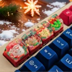 Handcrafted Christmas resin keycap showcasing a whimsical Santa figure encapsulated in vibrant clear resin, making a unique festive Christmas artisan keycaps.