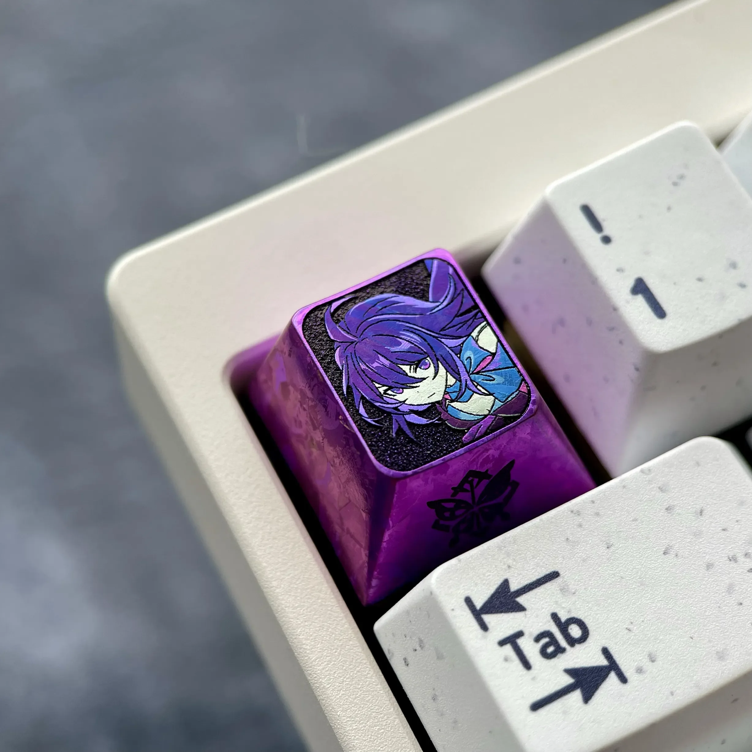 Multiple views of the Premium Honkai Star Rail Seele titanium keycap, highlighting its ethereal ice crystal anodized finish.