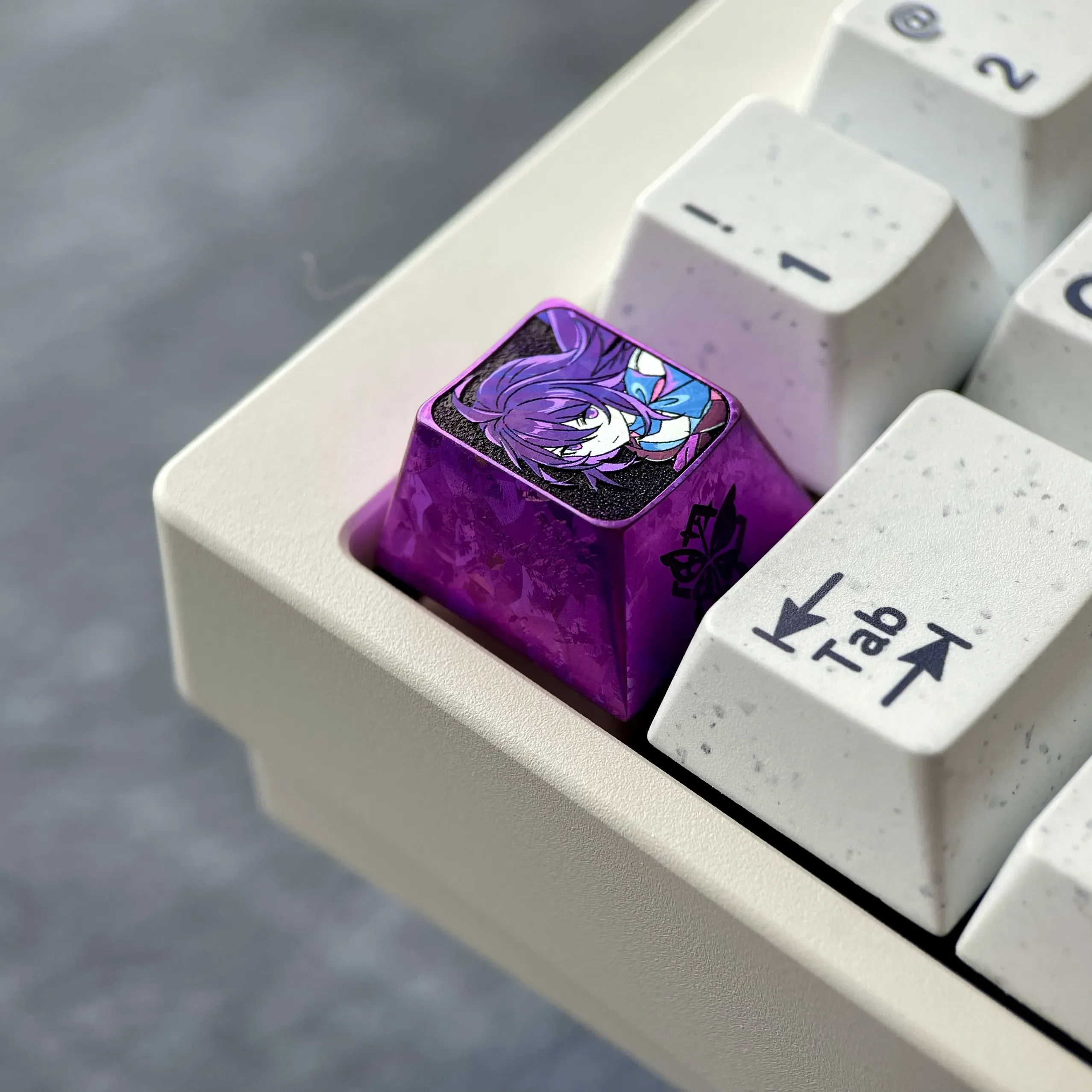 A collection of angles showcasing the Premium Honkai Star Rail Seele titanium keycap, highlighting its ethereal ice crystal anodized finish.