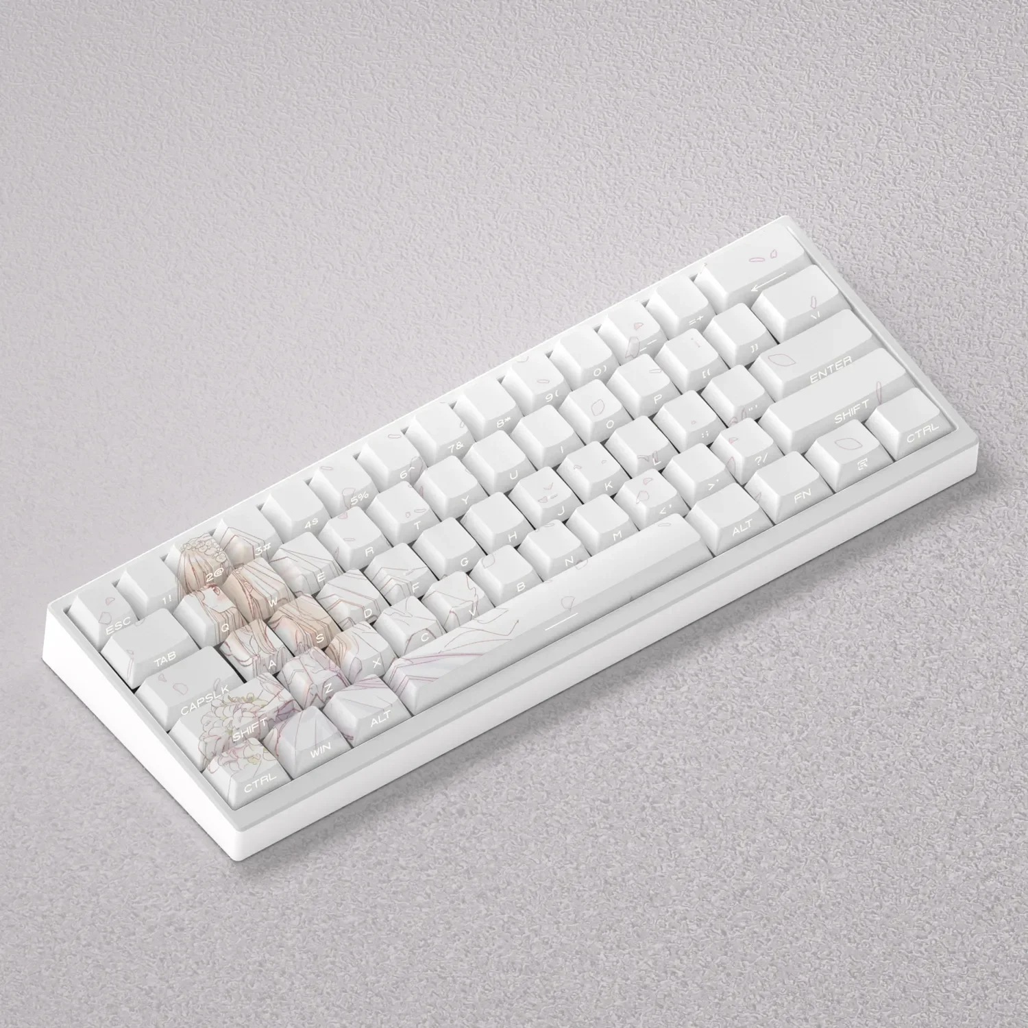 Views of the Shiina Mahiru themed backlit PBT keycaps set, highlighting their gentle anime aesthetic and subtle glowing legends on mechanical keyboards.