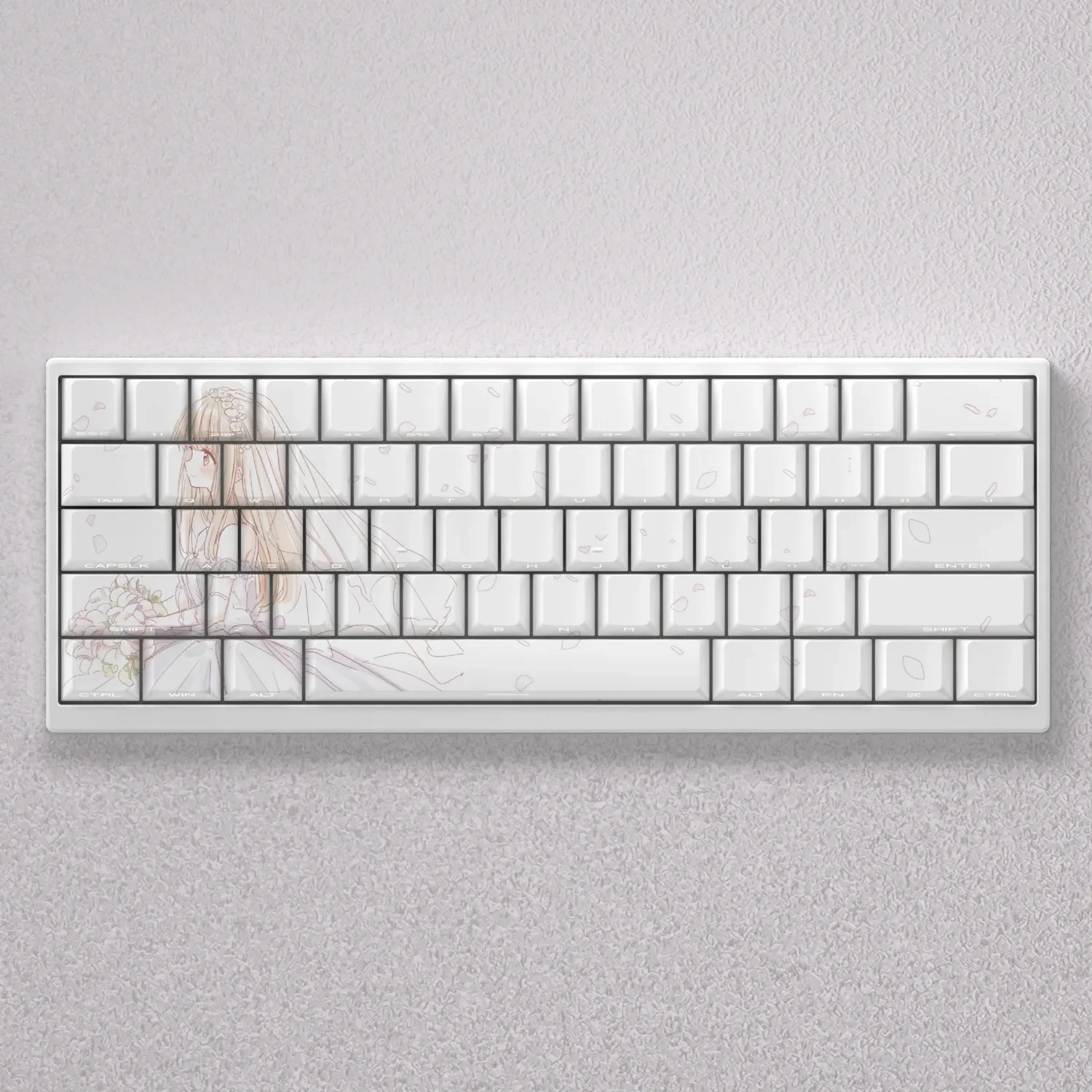 Shiina Mahiru themed backlit PBT keycaps set for mechanical keyboards, showcasing gentle anime art and subtle side-lit legends.