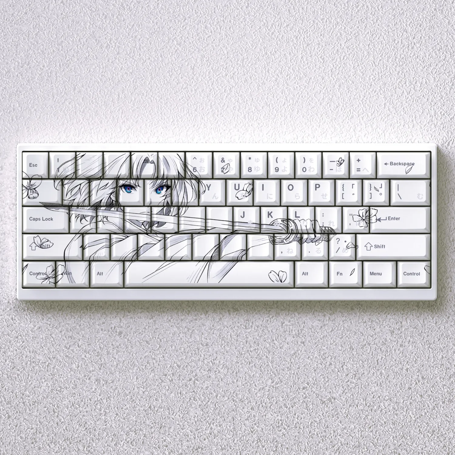 The Garden of Sinners: Shiki Ryogi Cherry Keycap Set showcase a clean, minimalist design on an Cherry profile custom keyboard, embodying a modern artistic aesthetic.