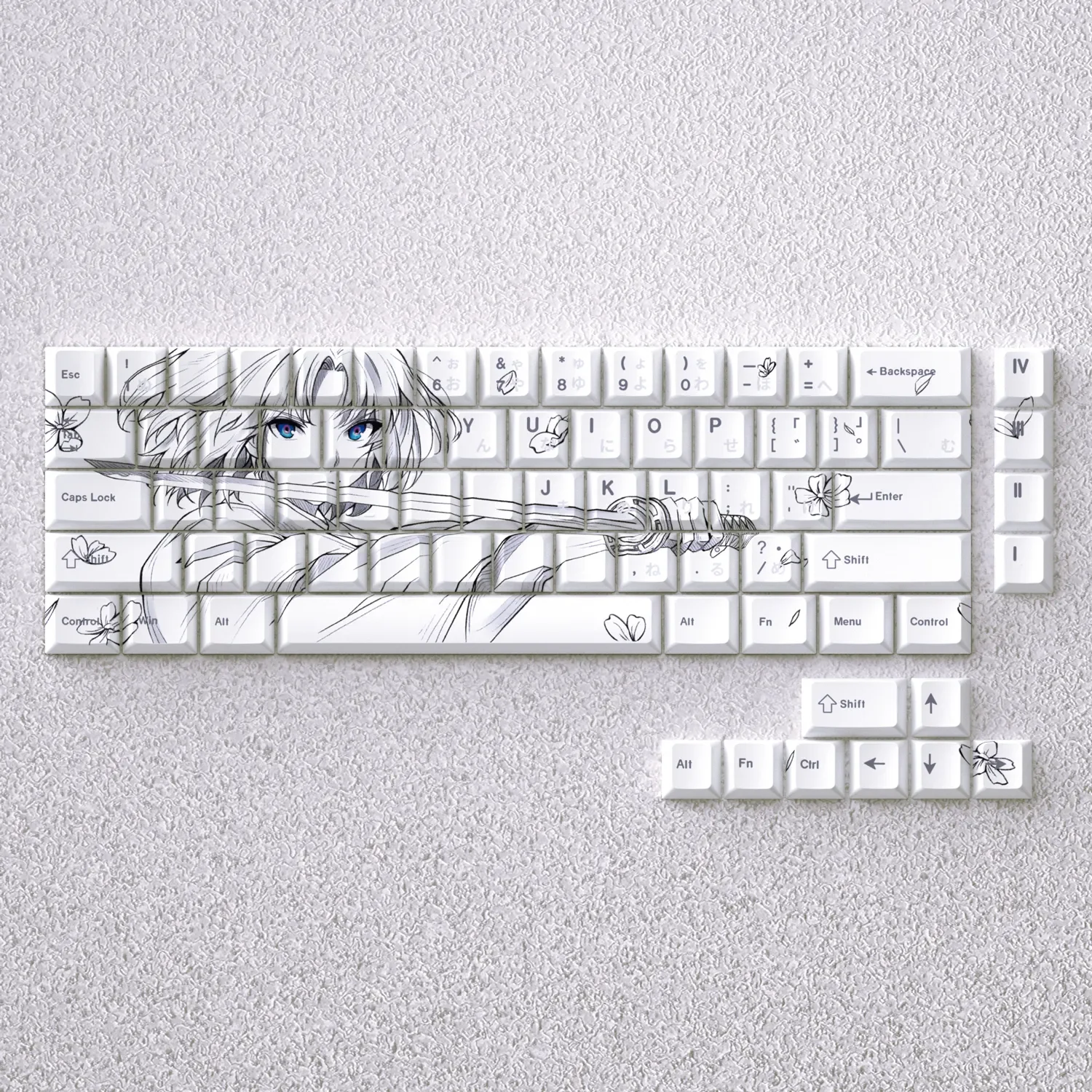 The Garden of Sinners: Shiki Ryogi Cherry Keycap Set aesthetic Cherry profile custom keycap set, showcasing distinctive minimalist schematic graphics.