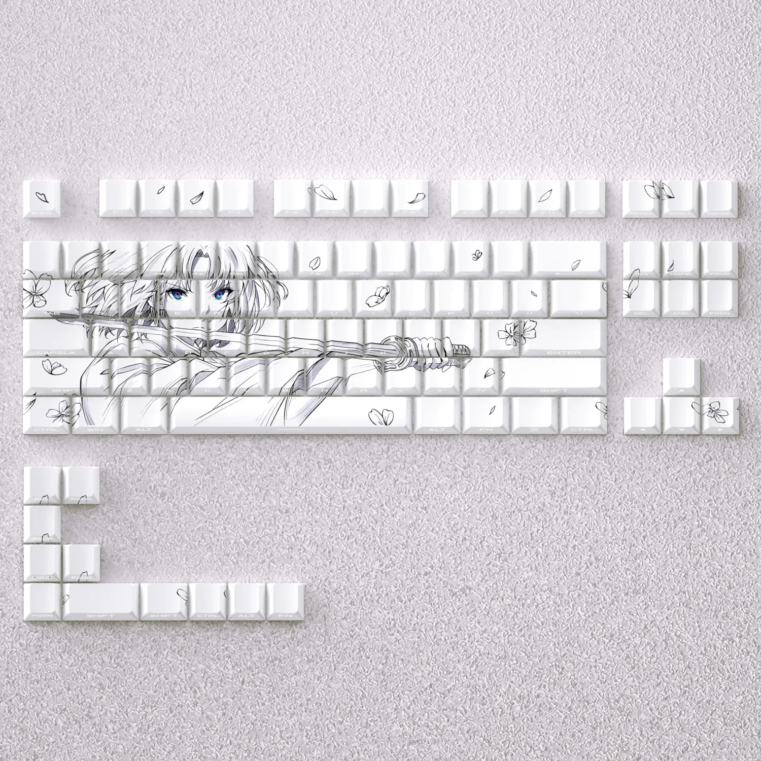 The Garden of Sinners: Shiki Ryogi Cherry Keycap Set display, highlighting their distinctive aesthetic through clean, minimalist schematic designs for a custom keyboard.