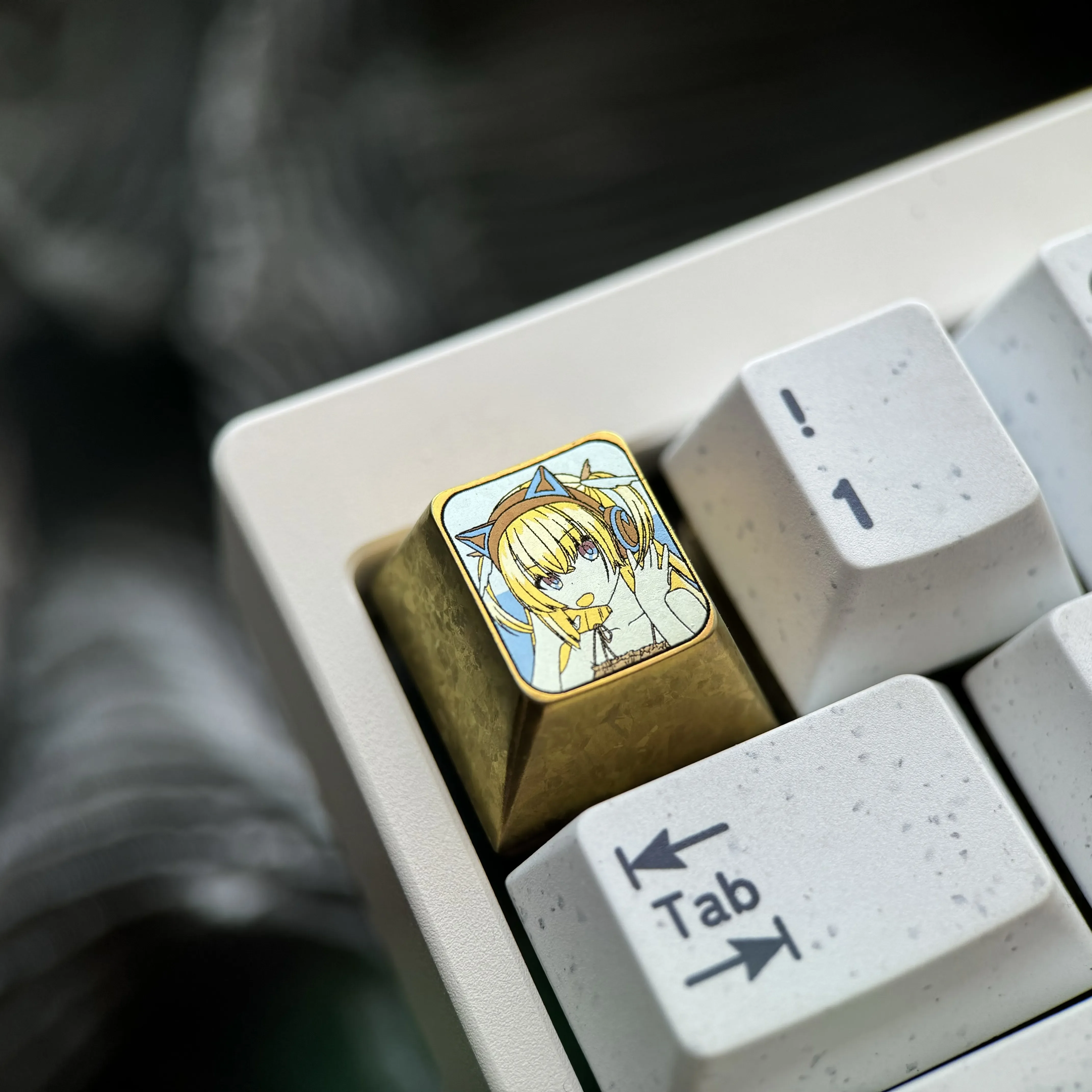 Gallery view of the vibrant Shirayuki Noa titanium keycap, highlighting the iconic anime character art and durable ESC design from multiple design.