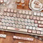 Elegant Siamese cat PBT dye-sublimation keycap set displayed from multiple angles, showcasing intricate feline motifs and warm coffee tone.