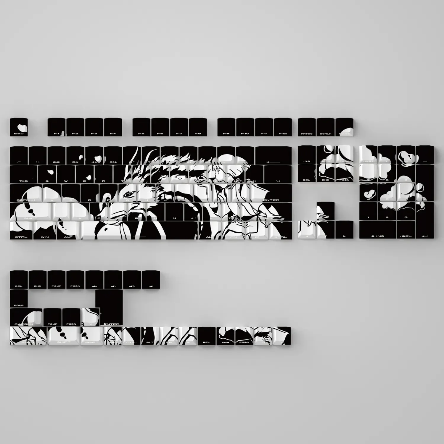 Spirited Away keycaps set featuring iconic Ghibli characters with a dreamy side-lit Cherry profile, showcasing artistic detail and enchanting design.