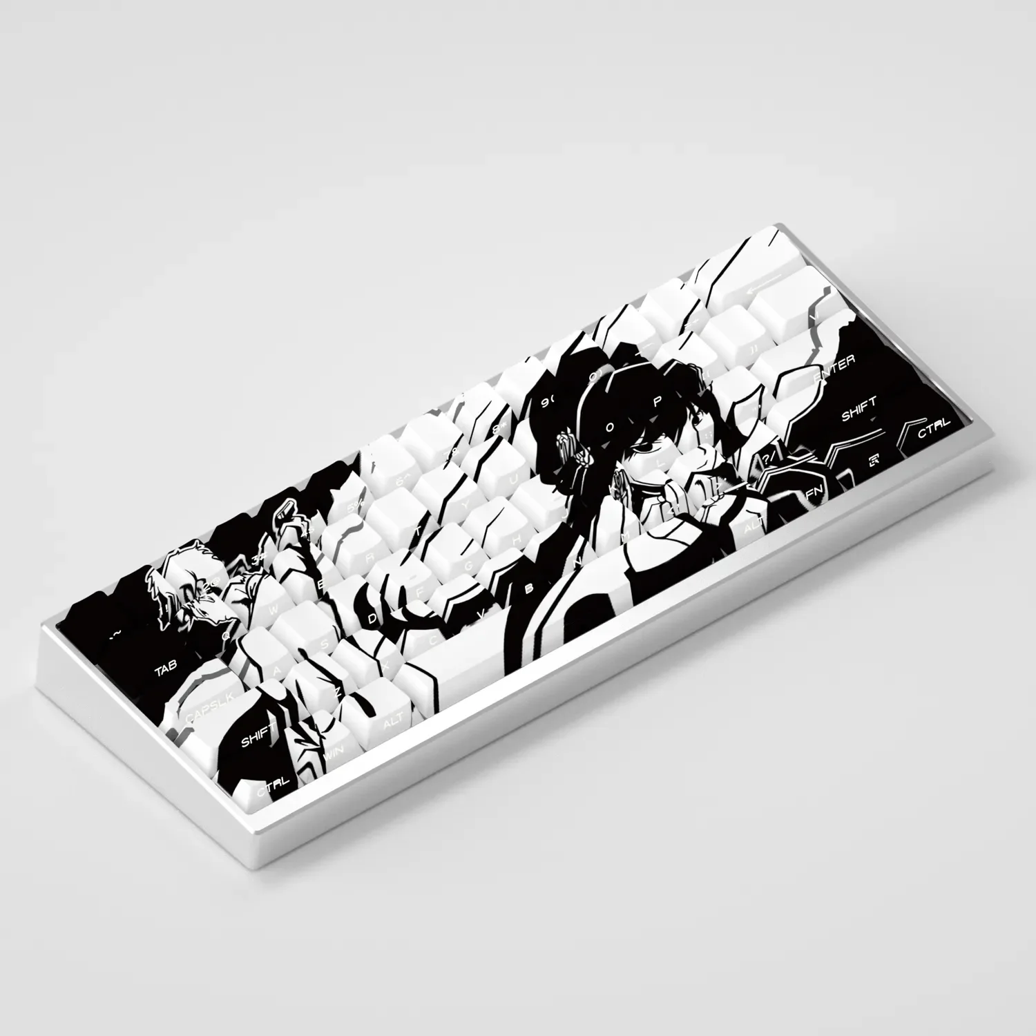 Exclusive Spy x Family Yor Forger PBT keycap set displayed from various angles, showcasing dark, elegant motifs and crisp, glowing side-engraved