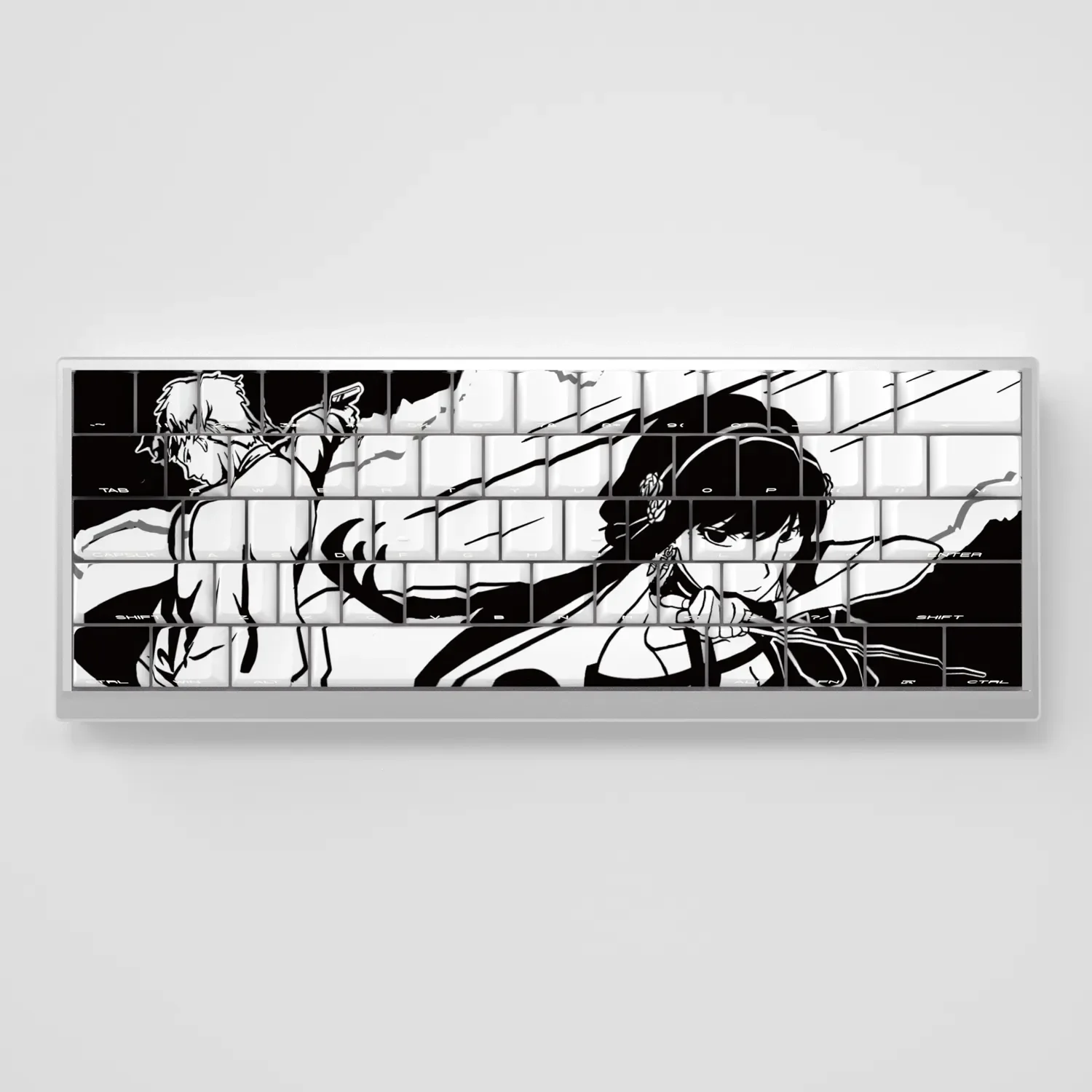 Experience the exclusive Spy x Family Yor Forger PBT keycaps set, featuring dark, elegant character motifs and crisp, glowing side-engraved legends.