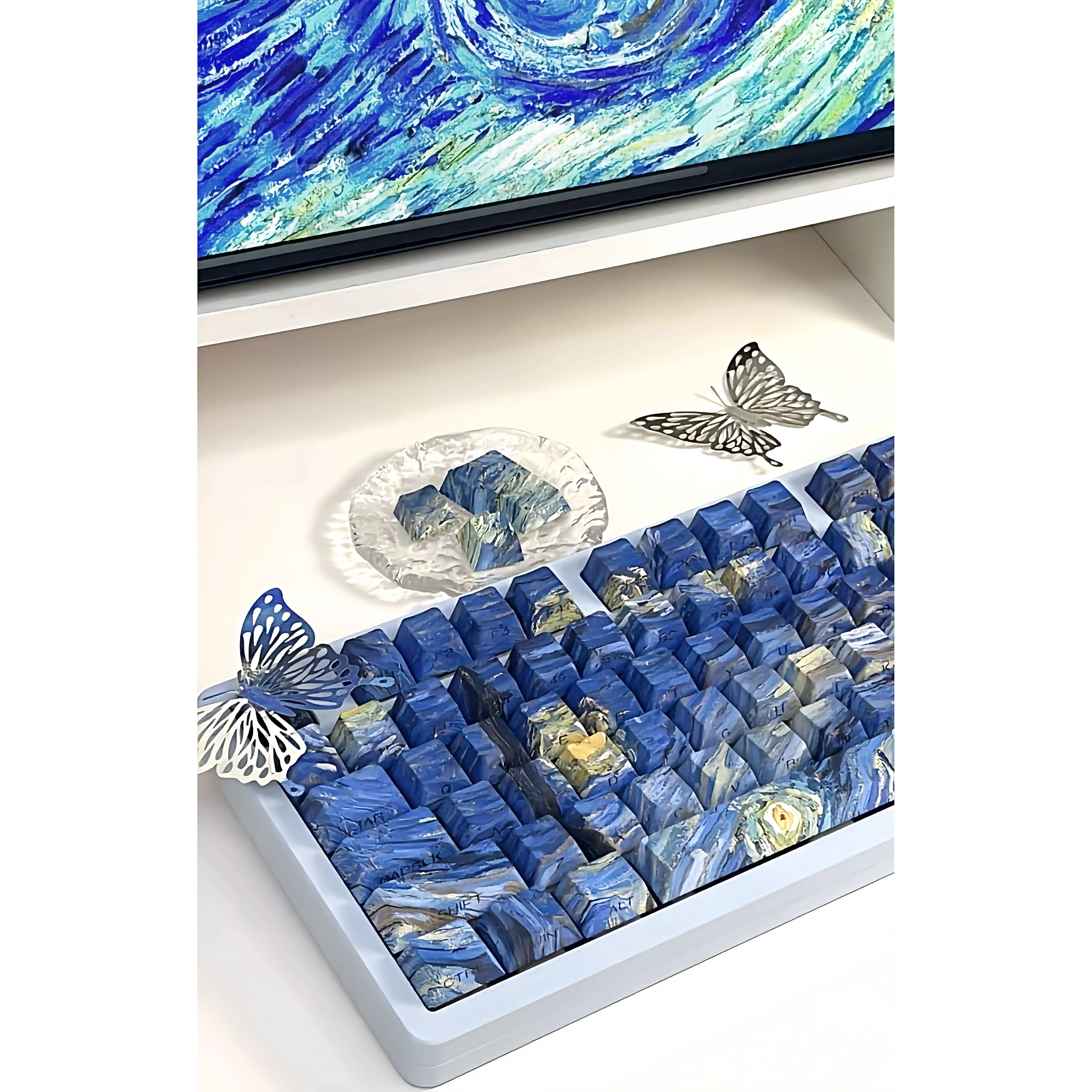 Detailed gallery views of Starry Sky Keycap Set, revealing intricate celestial side-engraved backlit patterns from various angles for a cosmic keyboard.