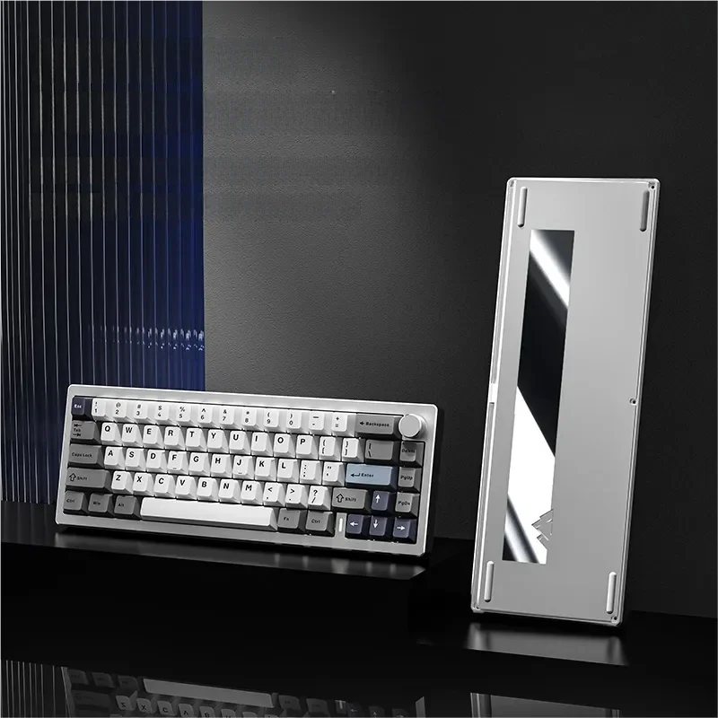 AL68 custom aluminum keyboard gallery showcasing sleek metallic design, reflective silver accents, premium gasket mount, and vibrant RGB lighting.