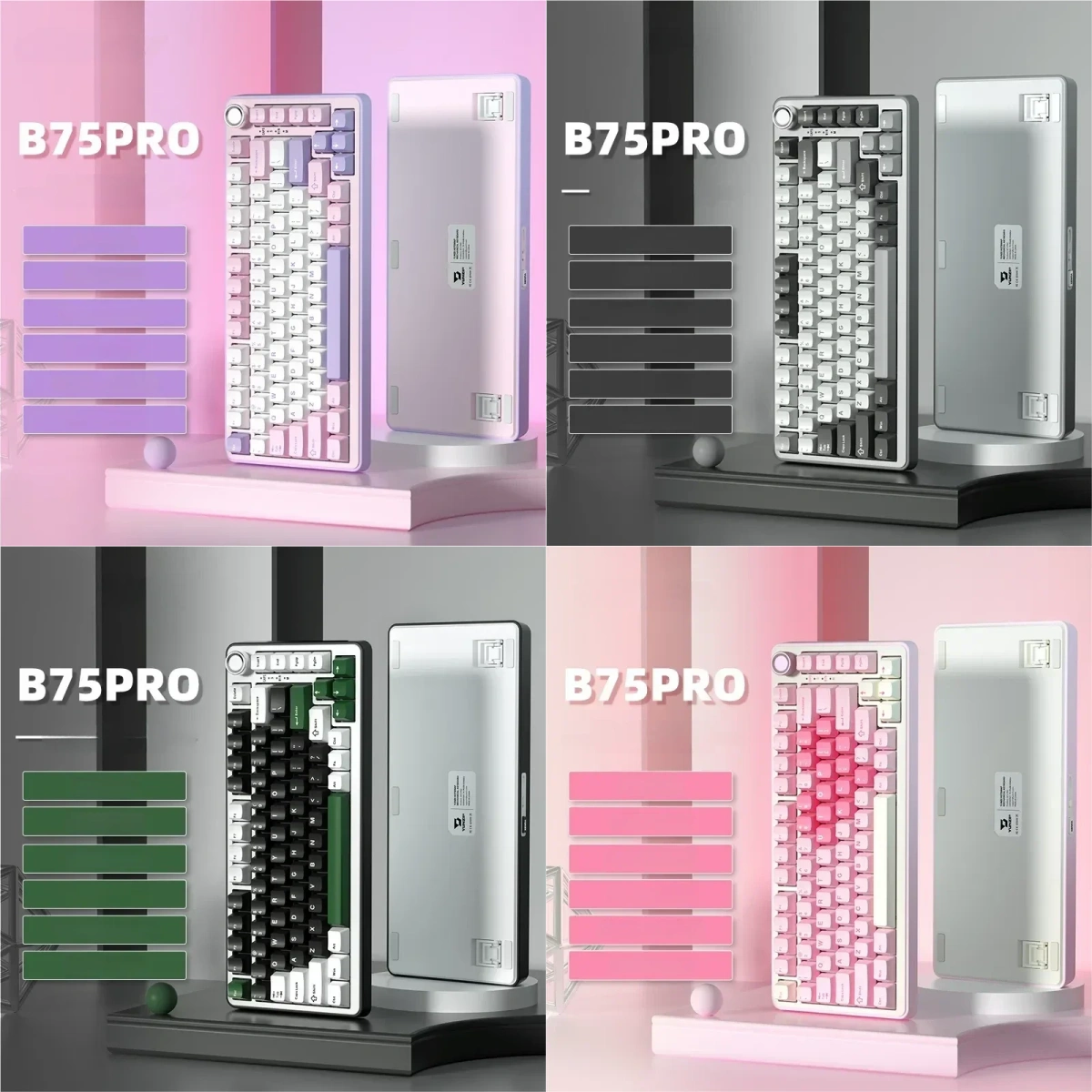 Stylish B75pro OEM Tri-Mode custom mechanical keyboard, beautifully displaying its customizable design with a pink-purple cosmic glow.