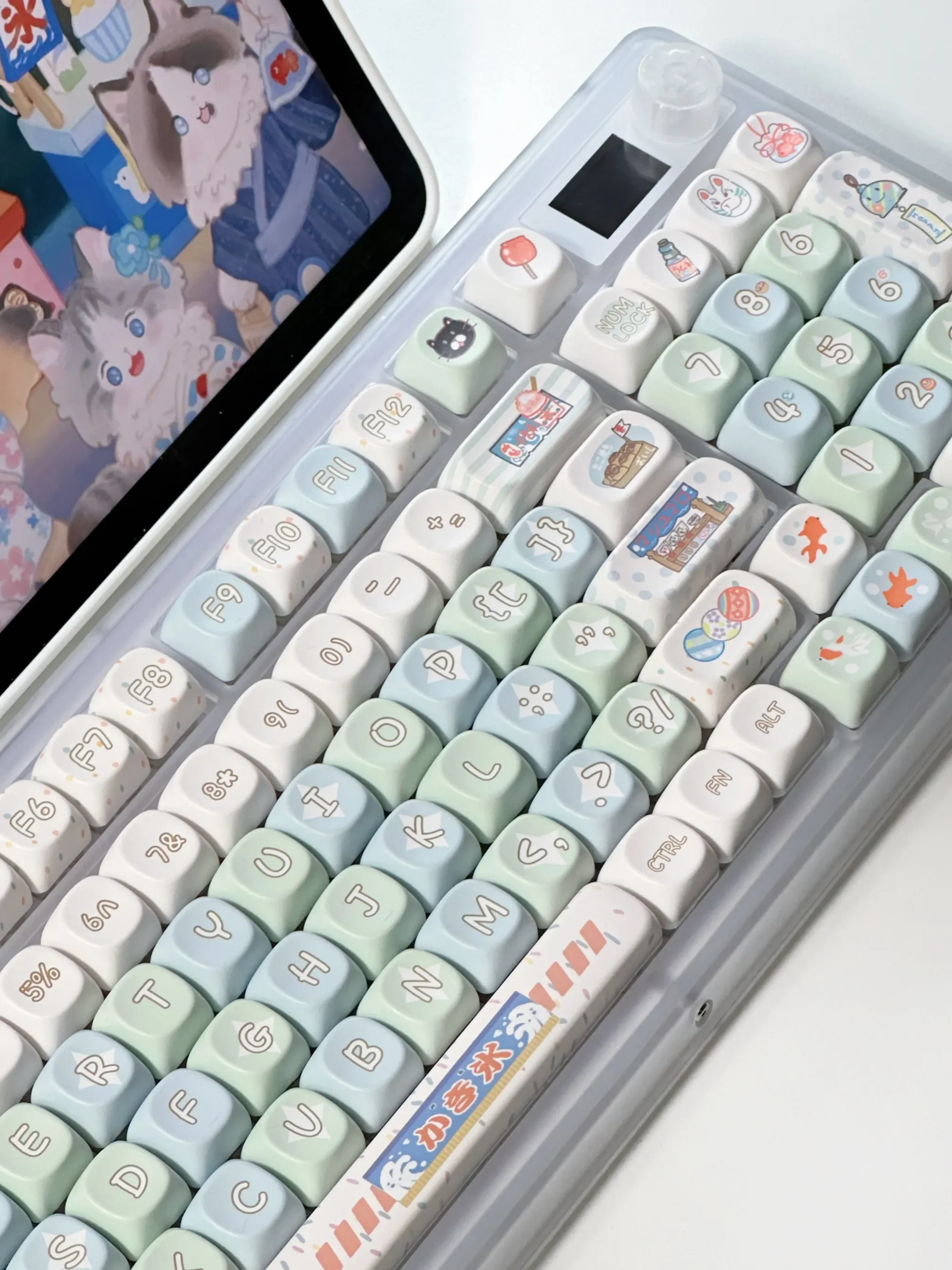Vibrant Summer Festival keycap Set: PBT, vivid five-sided dye-sublimation, and charming anime designs for the 131-key set.