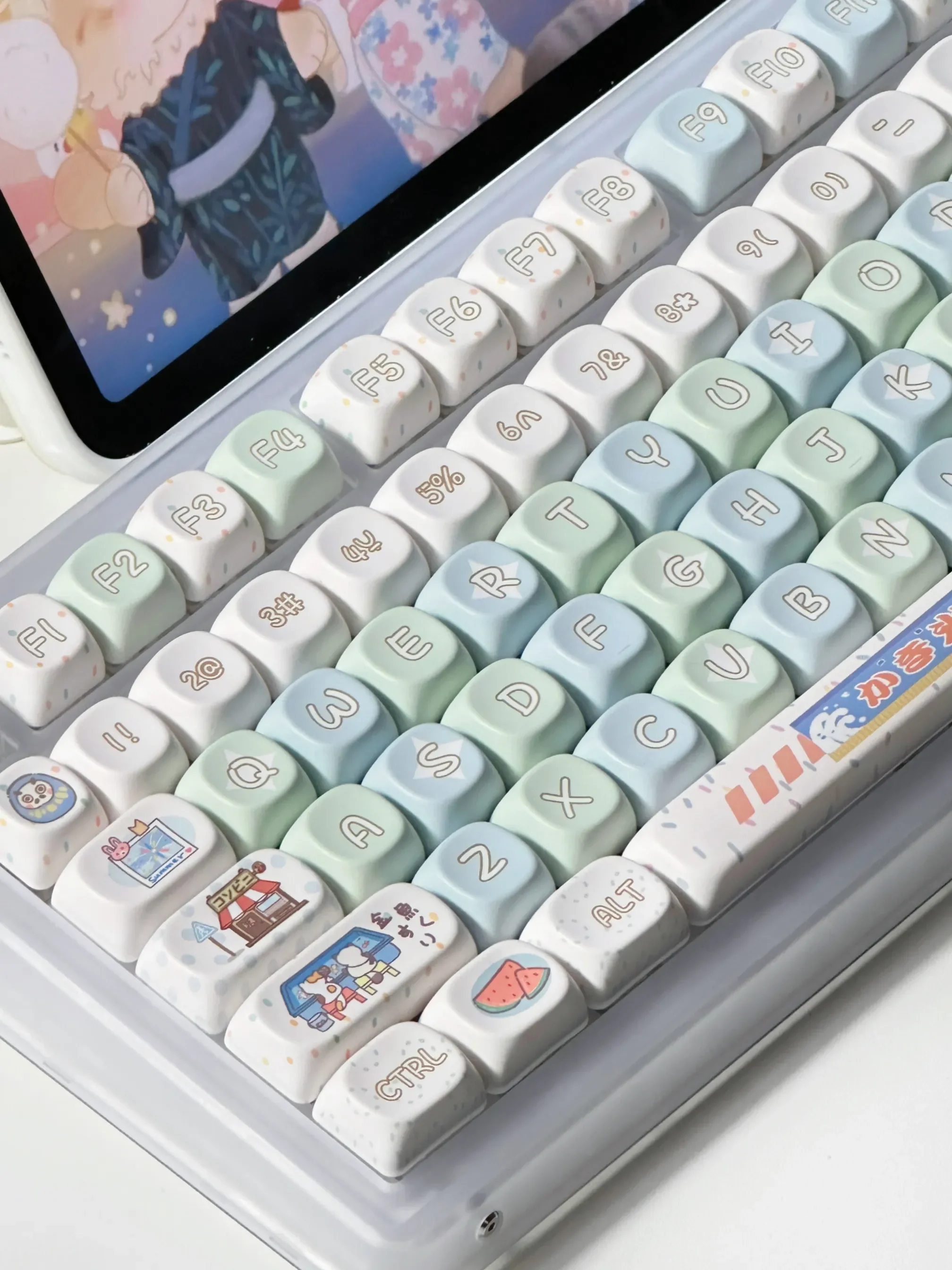 Vibrant Summer Festival keycap Set. Durable, dye-sublimated 131-key set showcasing charming anime motifs from various angles.
