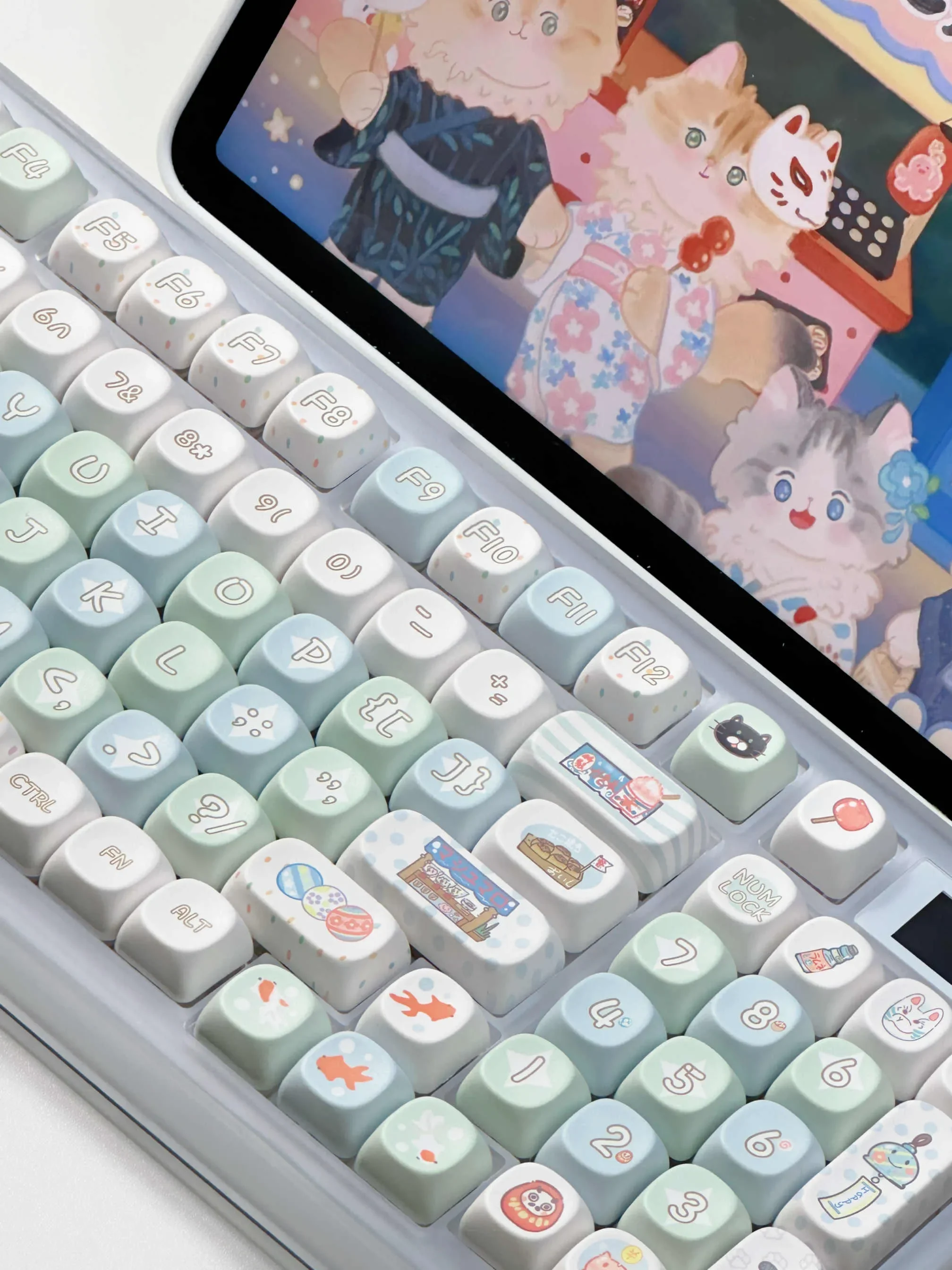 Vibrant Summer Festival keycap Set displayed from multiple angles, showcasing the charming anime art and durable PBT dye-sublimation.