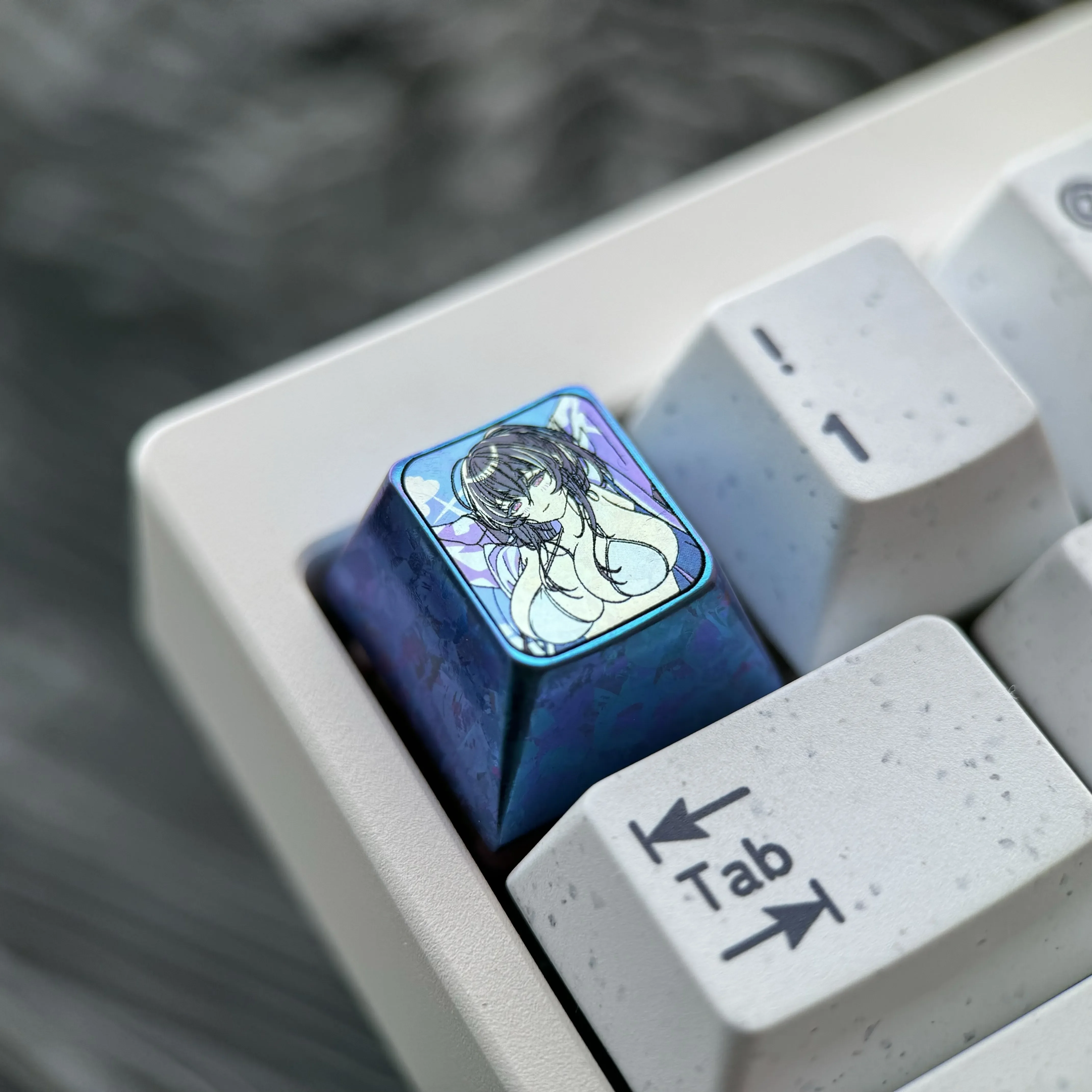Premium Colored Titanium Azur Lane Taihou Keycap showcasing detailed character art with an icy blue finish for custom gaming keyboards.