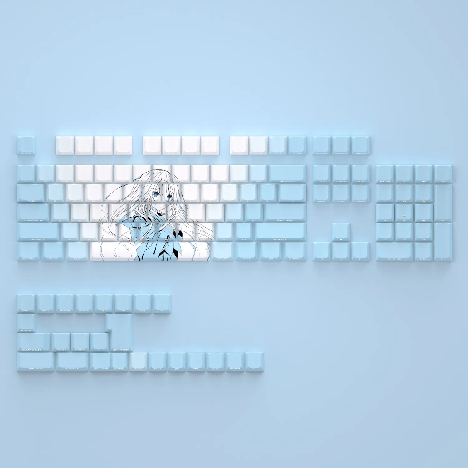 Enigmatic Takamiyamiya Mio PBT keycap set beautifully displayed, highlighting its exclusive side-lit anime art and dark elegant aesthetic.