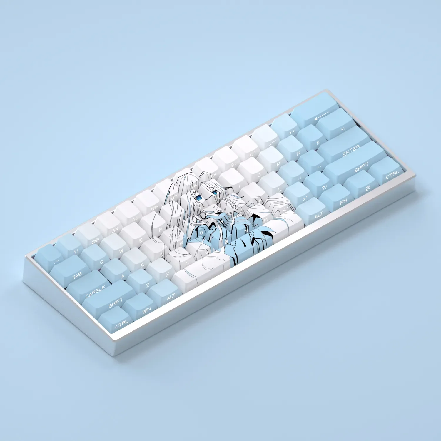 Enigmatic Takamiyamiya Mio side-lit PBT keycaps set gallery, displaying dark elegance and intricate anime art from diverse, captivating angles.