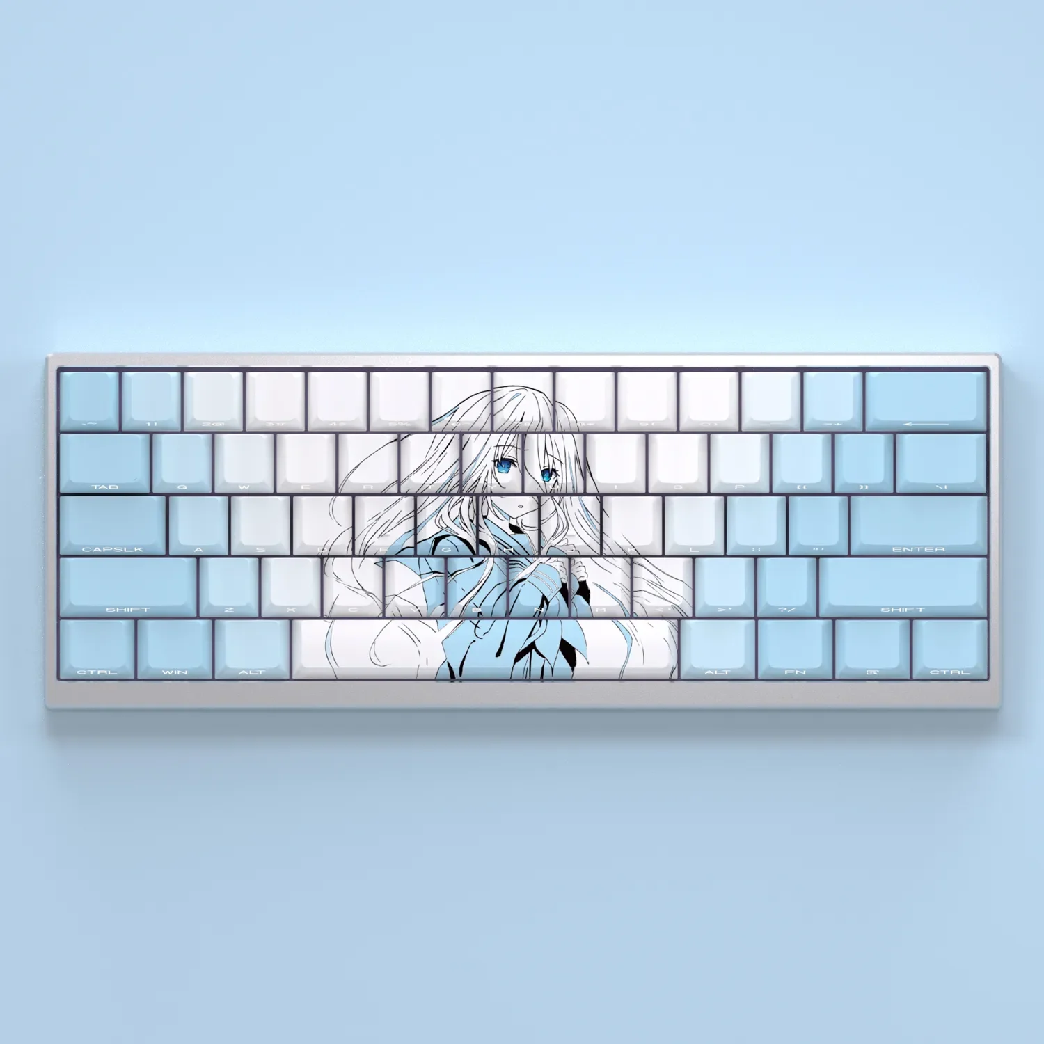 Enigmatic Takamiyamiya Mio PBT keycaps set showcasing vibrant side-lit anime art. This exclusive Date A Live 130-key set exudes dark elegance.