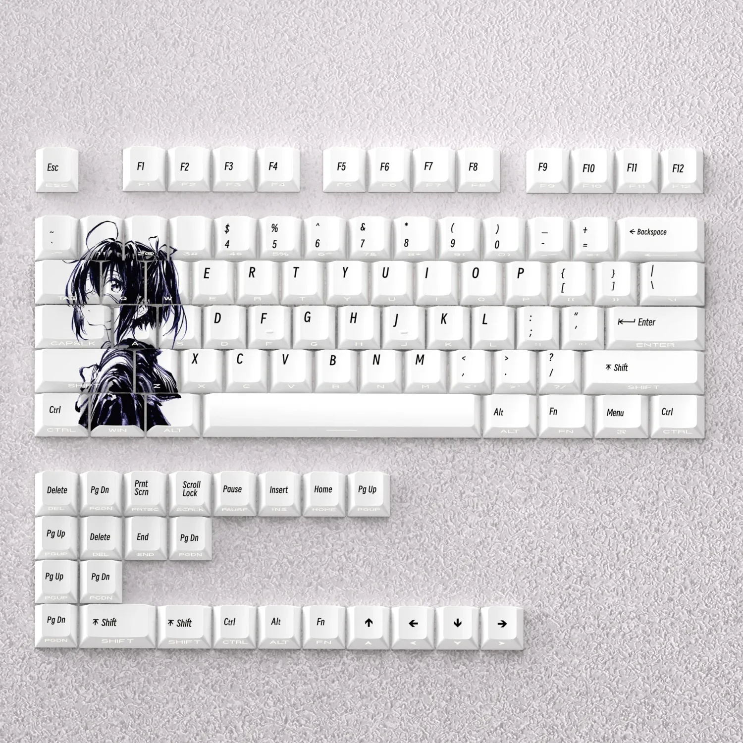 Vibrant Takanashi Rikka anime keycaps set, featuring exclusive character art and signature colors in a playful, shine-through Cherry custom design